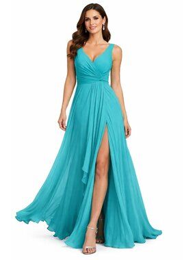 Teal Chiffon A Line Dress V Neck Ruched Corset Zip Back Formal 16